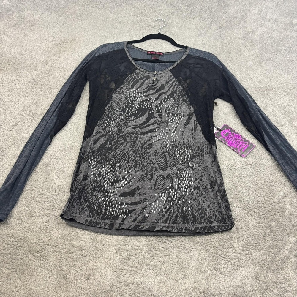 NWT Rock & Roll Cowgirl Shirt Womens L Gray Black Lace Mesh Fairy Grunge Western